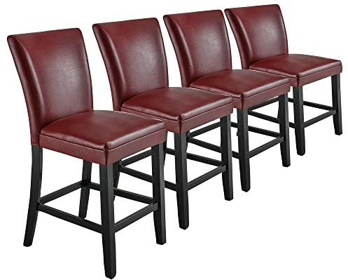 PADMA HOUSE Barhocker gepolsterter Barstuhl mit Mittlerer Rückenlehne, PU, Sitzhöhe 61 cm, Barhockern mit Fußstütze… (4er Set Rot)