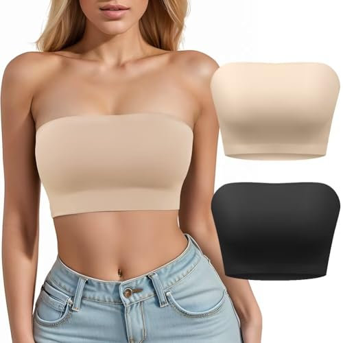 Sexy Code 1701 2 Stück Damen trägerloser BH, Bandeau-Bralette Nahtloser stretchiger ungepolsterter Rutschfester Silikon-Tube-Top-BH(D383,Beige+Black,XXL)