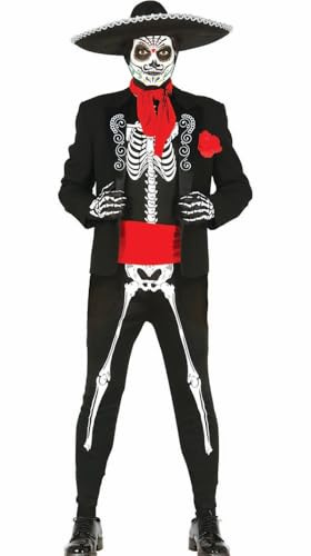 FIESTAS GUIRCA | Costume de Esqueleto Mexicano (14-16 Ans) - Veste, Ceinture, Combinaison et Foulard - Costumes pour Halloween, Día de Muertos et Fêtes Déguisées - Idéal pour Ados - Noir et Rouge