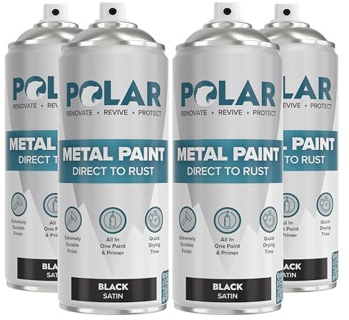 Polar Direct to Rust Metal Spray Paint - Durable All-in-One Paint & Primer - For Outdoor & Indoor - Corrosion Resistant, Tough Protection - Metal Primer - Satin Black - 4 x 400ml