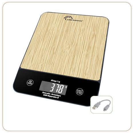 LITTLE BALANCE 8712 Happy Genius 10 Bambú, Báscula de cocina sin pila, recargable USB, Reparable, 10 kg, Bambú