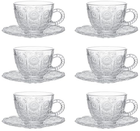 GURUDAR Glass Teacups and Saucers Set of 6, Vintage Coffee Mugs with Stainless Steel Spoon, Dishwasher & Microwave Safe Teacups for Espresso Cappuccino Latte Tea Juice, 7OZ/210ML, Clear