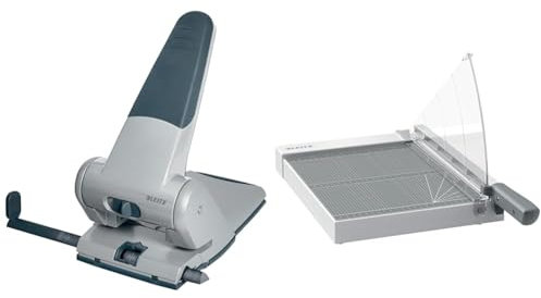 Leitz Set Extrastarker Registraturlocher aus Metall & Precision Hebelschneider A4, Papierschneidemaschine mit 305 mm Schnittlänge für bis zu 8 Blatt, Großer Locher Für 65 Blatt, 51800084 + 90180000