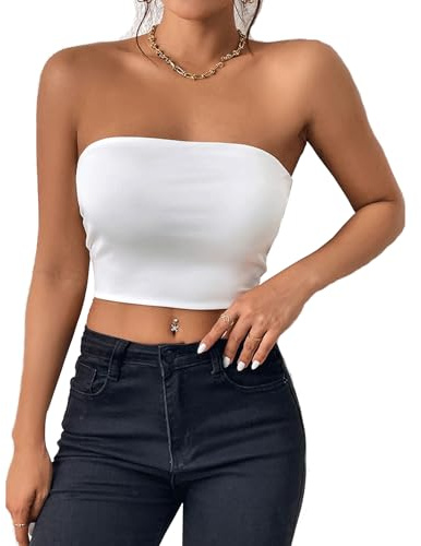 Kxydlww Crop Toppar Dam Tube Bodycon Tajt Stretchy Stretchy Andningsbar Crop Top Tube Toppar Sexig Bygellös Sömlös Topp Y2K T-Shirts, Vit, L