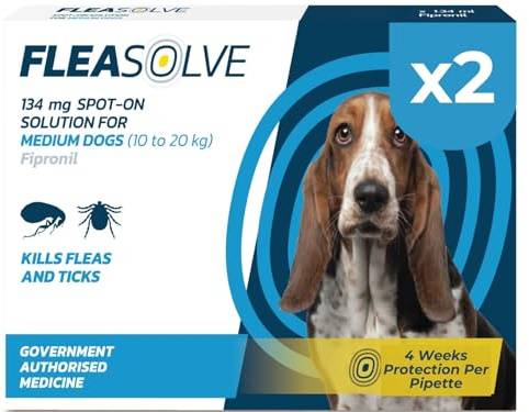 Dog Flea Treatment Medium Dog x 2 - Flea Treatment for Dogs Medium 10-20 kg - Spot-On Solution for Flea and Tick Control - FleaSolve 2 x Pipettes