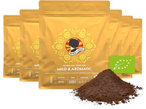 AFRO COFFEE Mild & Aromatic I 6 Pack I 250g Premium Bio Kaffeepulver Fairtrade I Arabica & Robusta Kaffee I Kaffee gemahlen aus Ostafrika mit blumiger Note, handgepflückt, mittel geröstet, säurearm