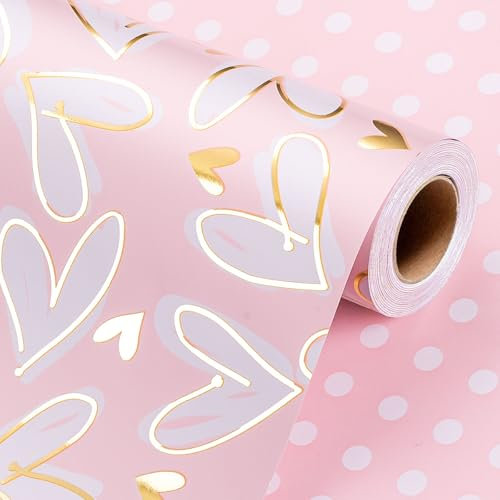Wikadlik Geschenkpapierrolle mit goldenem Herz, wendbar, gepunktet, Rosa, Geschenkpapier für Valentinstag, Hochzeit, Geburtstag, Brautparty, 43 cm x 10 m