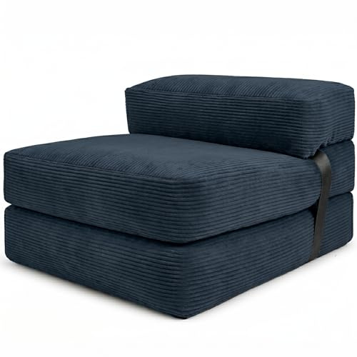 bananair - Chauffeuse 1 Place Adulte Convertible - Matelas d'Appoint Déhoussable en Velours Côtelé - Canapé Lit, Futon Pliable Pratique & Confortable, Rembourré en Mousse (70 x 190 cm, Bleu)