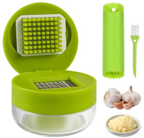 Presse-Ail avec Outil Éplucheur en Silicone et Brosse de Nettoyage, 304 Inox Set de Coupe Ail Garlic Press, Écrase l'Ail et le Gingembre Sans Effort