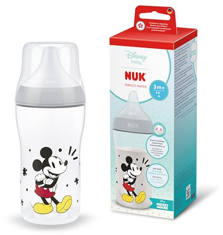 NUK Perfect Match Babyflaska | 0+ månader | 260 ml | Anti-kolikmatningsflaska | PP | Temperaturindikator | Musse Pigg | 1 styck