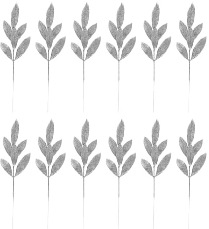 Lotsdonxia 12 Pcs Artificial Glitter Leaves Branches - 13.1 Inch Silver Christmas Tree Picks for DIY Crafts, Xmas Wreaths, Garland Arrangements and Holiday Home Decor (Silver)