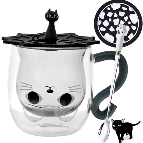 Arawat Bicchieri a doppia parete Tazza con gatto Bicchiere nero Gatto con manico Tazza da caffè con cucchiaino Sottobicchiere Tazza da caffè Bicchieri Tazza da tè Tazze da caffè espresso
