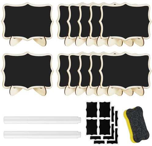 AUAUY 12 Pezzi Mini Lavagna, Lavagnette in Legno, Lavagnette Segnaposto con Cavalletto, Cartellini Prezzi, Piccola Tavolette da Menu, per Pasticceria, Feste, Matrimoni, Buffet, Tavolo (Irregolare)