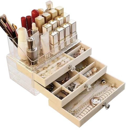 Risirica Jewellery Boxes,Earring Holder Organizer Jewelry Box with 3 Drawers & Lipstick Holder,Plenty Storage Jewellery Organiser,Jewelry Storage Case for Necklaces Rings Brooches Watches Cosmetic