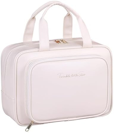 SYEXDZON Borsa da Toilette full size, Grande Sacchetto per Trucco a Grande Apertura, Borsa Cosmetica di Viaggio con Multi-scomparti (Beige)