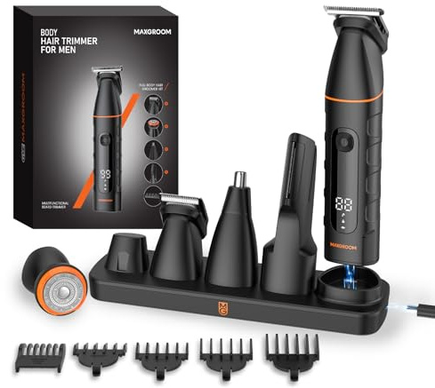 MAXGROOM 5 in 1 Rasoio Elettrico Corpo Uomo Kit, IPX6 Wet&Dry Depilatore Corpo, Autonomia Prolungata per Rasoio Intimo Uomo, Testine Magnetiche Pulizia Facile, Adatto per Barba, Capelli, Naso