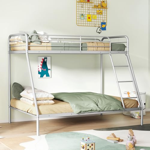 Multigot Metal Bunk Bed, Single Over Double Triple Sleeper Beds with Ladder, Safety Guardrail and Under-Bed Storage, Space-Saving Slatted Loft Bed Frame for Adults, No Box Spring Needed (Silver)