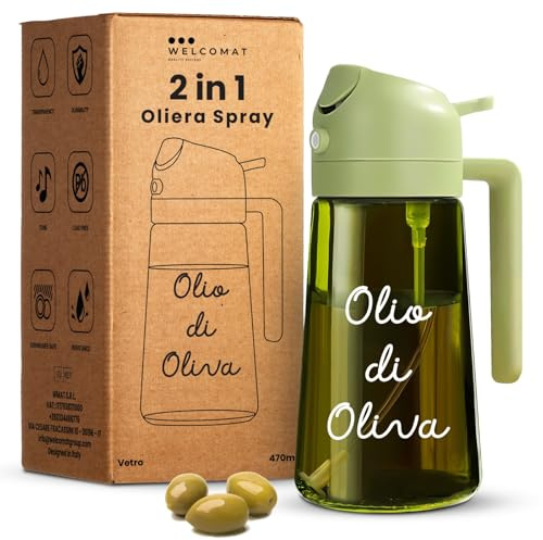 WELCOMAT Oliera Spray - 470 ml - Olio di Oliva, Spruzzino Olio Per Friggitrice ad Aria, 2 in 1, Spray Nebulizzatore, Spruzzatore, Dosatore, Accessori Cucina, in Vetro, per Insalata, Bbq