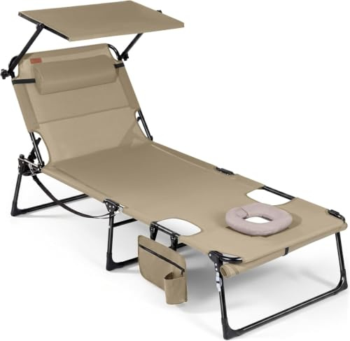 Homecall XXL solstol med ansiktsöppning och markis – 200 x 70 cm – loungestol för en bekväm magposition, hopfällbar solstol med ryggstöd justerbart i 4