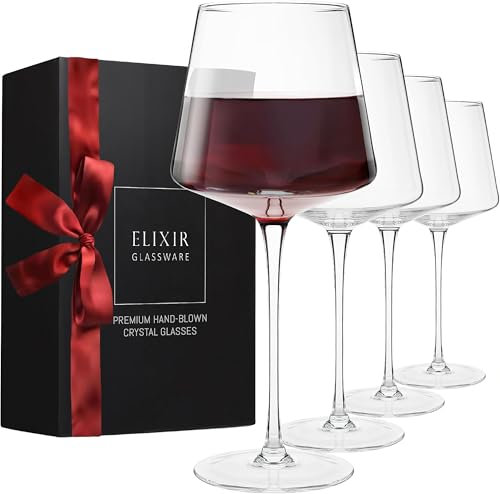 Elixir Modern Red Wine Glasses Set of 4 - Hand Blown Crystal Wine Glasses - Tall Long Stem Wine Glass Chef Sommelier - Unique Large Wine Glasses with Stem for Red Wine - 22oz Clear