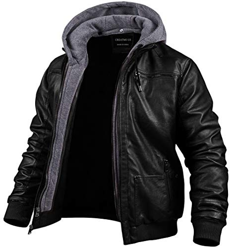CREATMO US Men Leather Jacket with Hood Spring Motorcycle Jacket bomber jacket Black S