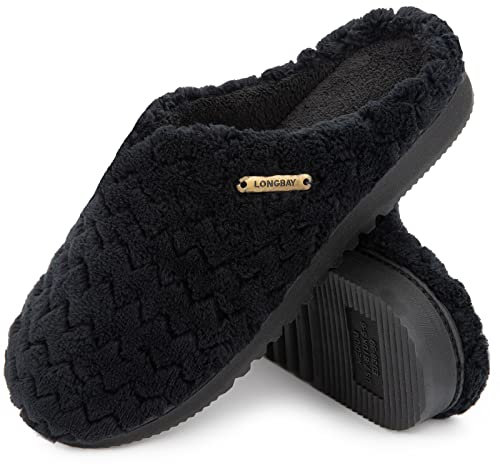 LongBay Women's Flannel Slippers Soft Memory Foam Slip on House Shoes Indoor Outdoor(7-8,Black)