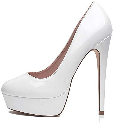 Zhabtuc Escarpins Femme Plateformes Talons Aiguille 14CM Bout Rond Fermé Vernis High Heels Party Soirée Mariage Chaussures Talons Hauts, Blanc, 37 EU
