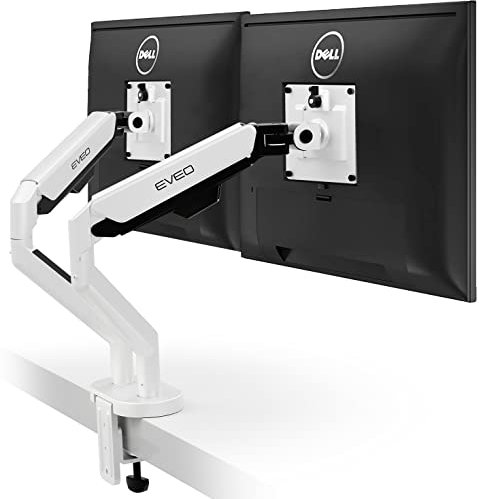 EVEO Premium Dual Monitor Mount 14-35” Dual Monitor Arm VESA Bracket Adjustable Height Gas Spring Dual Monitor Stand, Screen Full Motion Dual Monitor Arm-Computer Monitor Stand for 2 Screens - White