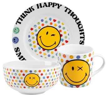 United Labels Smileyworld - Juego de desayuno infantil con diseño de cara sonriente, vajilla de porcelana, 3 piezas, con plato, cuenco y taza, apto para lavavajillas y microondas