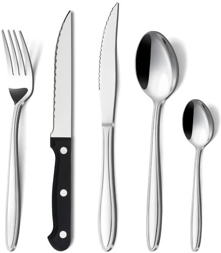 Hunnycook set posate 6 persone, 30 pezzi set posate con coltello da bistecca, eleganti set posate acciaio inox con coltello forchetta cucchiaio, lavabili in lavastoviglie