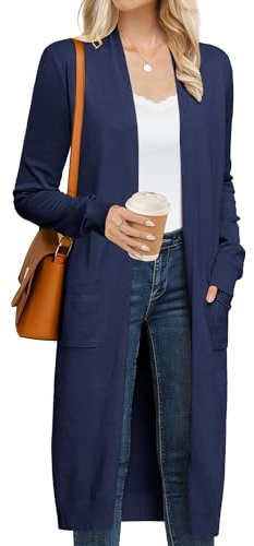 Grace Karin Women's 2026 Trendy Long Cardigans Sweater Lightweight Open Front Long Sleeve Maxi Duster Coats with Pockets, Navy Blue, XL