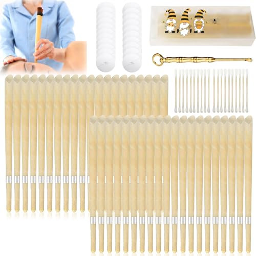 101 Stück Natürliche Ohrkerzen Set, Bienenwachs Ohrkerzen für Ohrenreinigung, 40 Ohrkerzen, 20 Schutzscheiben, 1 Ohrlöffel und 40 Wattestäbchen, Hohlkegel-Ohrenkerzen(Beige)
