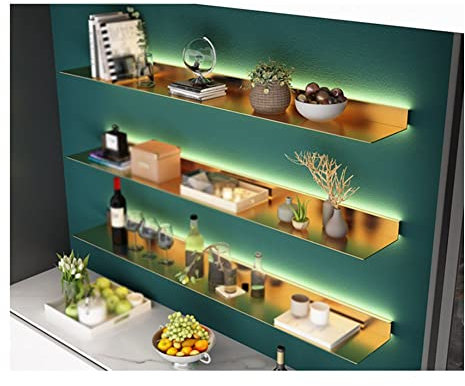 Floating Metal Wall Shelf Picture Ledge with Builtin Illuminated LED Light for Modern Rustic Entrance Bar Countertop Living Room Bathroom Decor (Gold 100x20x6cm)