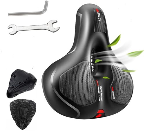 Hmfmdy Sillín de bicicleta, sillín de bicicleta con doble muelle, ergonómico, con cubierta impermeable y llave para bicicleta de montaña, bicicleta de carretera, bicicleta estática, asiento de