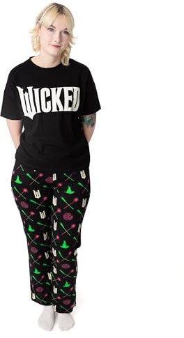 Wicked Womens Pyjama Set | Adults Wicked Logo Graphic Short Sleeve Top & Long Leg PJ Bottoms in Black | Ladies Witches Pointed Hat and Flying Broom All Over Print Nightwear | Movie Merchandise Gift