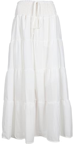 Women White Maxi Skirt Drawstring Elastic High Waist A-Line Pleated Summer Boho Beach Long Skirts
