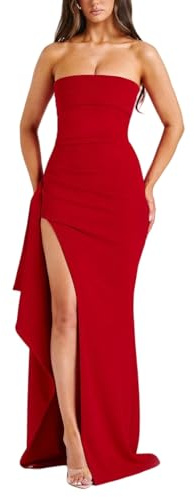 Zesoyne Womens Strapless Maxi Dress with Irregular Hem High Slit Ruched Elegant Evening Party Casual Long Dresses M Red