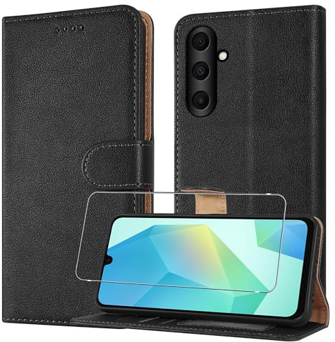 PIXFAB Case for Samsung Galaxy A17 / A26 5G with 1 Screen Protector, Magnetic Book Flip Folio Cover [RFID Protection & 3 Card Slots] and [Kickstand], Leather Wallet Phone Case for Samsung A17 - Black