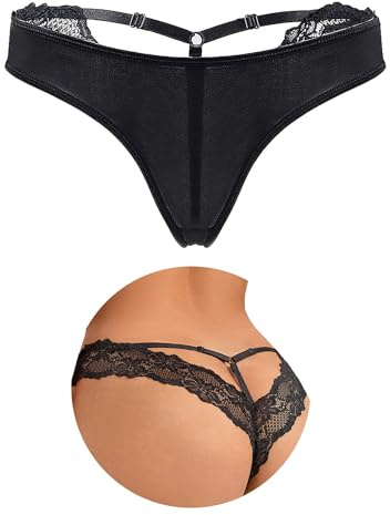 ohyeahlady Tangas Sexy para Mujer Encaje Talla Grande Bragas Transpirable Cintura Baja Cómodas Lencería Curvy Ropa Interior Divertida Elástica Underwear Sexy Lingerie For Women Negro,M