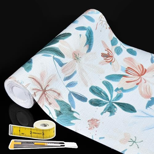 Shelf Liners Non Adhesive Pastel Floral & Bird Pattern - Thickened Non-Slip Easy to Clean Drawer Liner for Kitchen Cabinets, Tool Box, Refrigerator, with Knife & Tape Measure, 12in x 118.1in