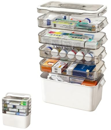 Hggzeg 5-Tier Medicine Storage Box, Portable First Aid Box with Handle, Household Medical Organiser with A Portable Weekly Pill Organizer, Emergency First Aid Container, for Home Cabinet (White)