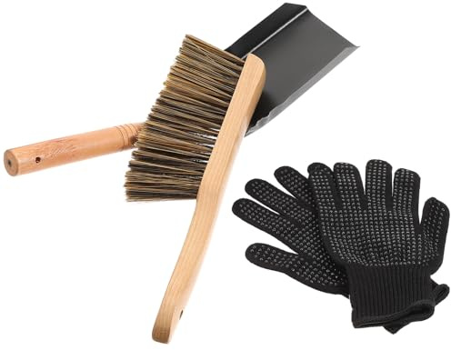 Housoutil Set Attrezzi per Caminetto in Ferro e Legno Pala per Cenere Resistente Spazzola e Guanti per Pulizia Termocamini e Focolari Kit Pratico per Manutenzione Casa