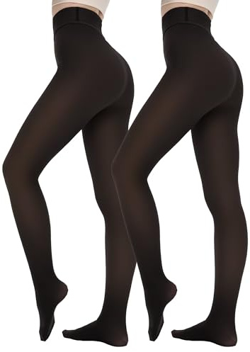 CAMPSNAIL 2 Pairs Fleece Lined Tights for Women Thermal Warm Stockings Ladies Thick High Waisted Leggings in Winter（Sheer Black*2/L）