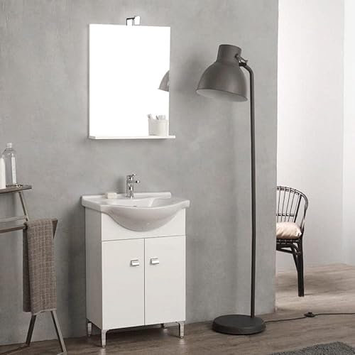 Kiamami Valentina - Mobile Bagno a Terra con Lavabo e Specchio | Soluzione Salvaspazio 56 CM | Pomoli e Piedini in Metallo Cromato | Ceramica, Bianco, 56 cm