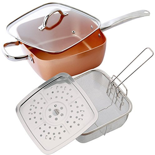 Cera Titanware 4pc Copper Non-Stick Deep Sided Square Pan Kit - Deep Frying Basket, Steamer, Lid. Oven proof, Induction Base - Great for Deep & Shallow Frying, Stir Fry, Roasting, Baking & Casseroles