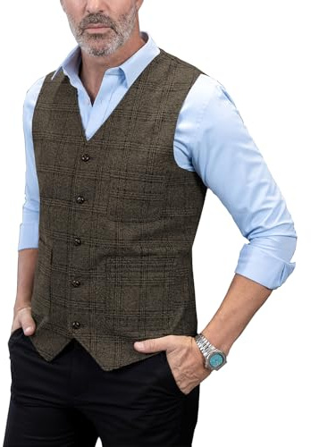 Solove-Suit Gilet de costume élégant à carreaux pour homme - Coupe ajustée - En tweed - Pour mariage, café, M