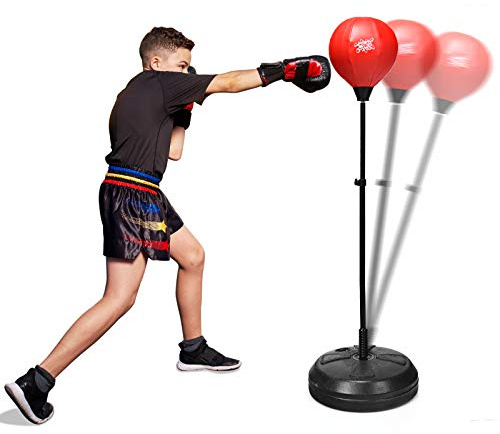 GOPLUS Sac de Frappe sur Pied, Hauteur Adjustable, Socle Stable pour Sable ou Eau, Punching-Ball avec Gants et Pompe, Evacuer Stress pour Adultes et Enfants 8 Ans+ (122-154 cm)