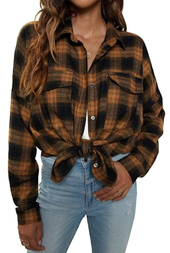 Blooming Jelly Women's Button Down Shirts Plaid Long Sleeve Collared Business Casual Tops Work Blouses V Neck T Shirts Flannel Shirts for Women (Small,Brown Plaid)