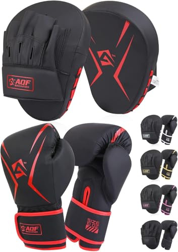 AQF Guantoni Da Boxe Con Colpitori Boxe, Adulto Kit Di Kick Boxing, Guanti Pugilato & Pao Muay Thai Set Per Sacco Da Box Allenamento, Boxing, MMA, Karate & Arti Marziali Uomo Donna (Rosso, 14oz)