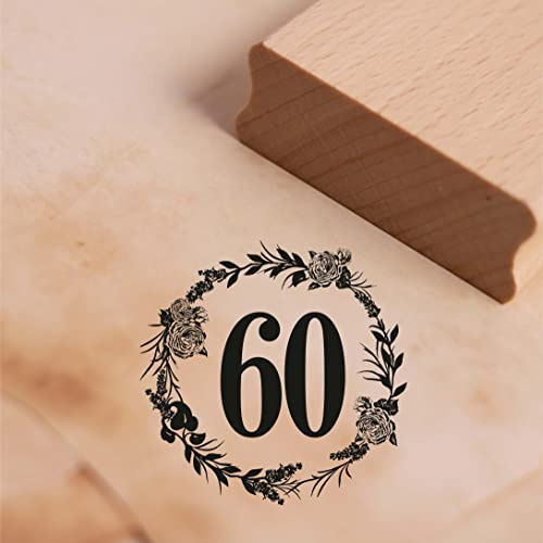 Motivstämpel jubileum siffror vintage krans rosor stämpel trästämpel födelsedag bröllopsdag – 48 x 48 mm (60)